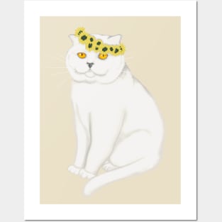 White cat and sunflowers. Posters and Art